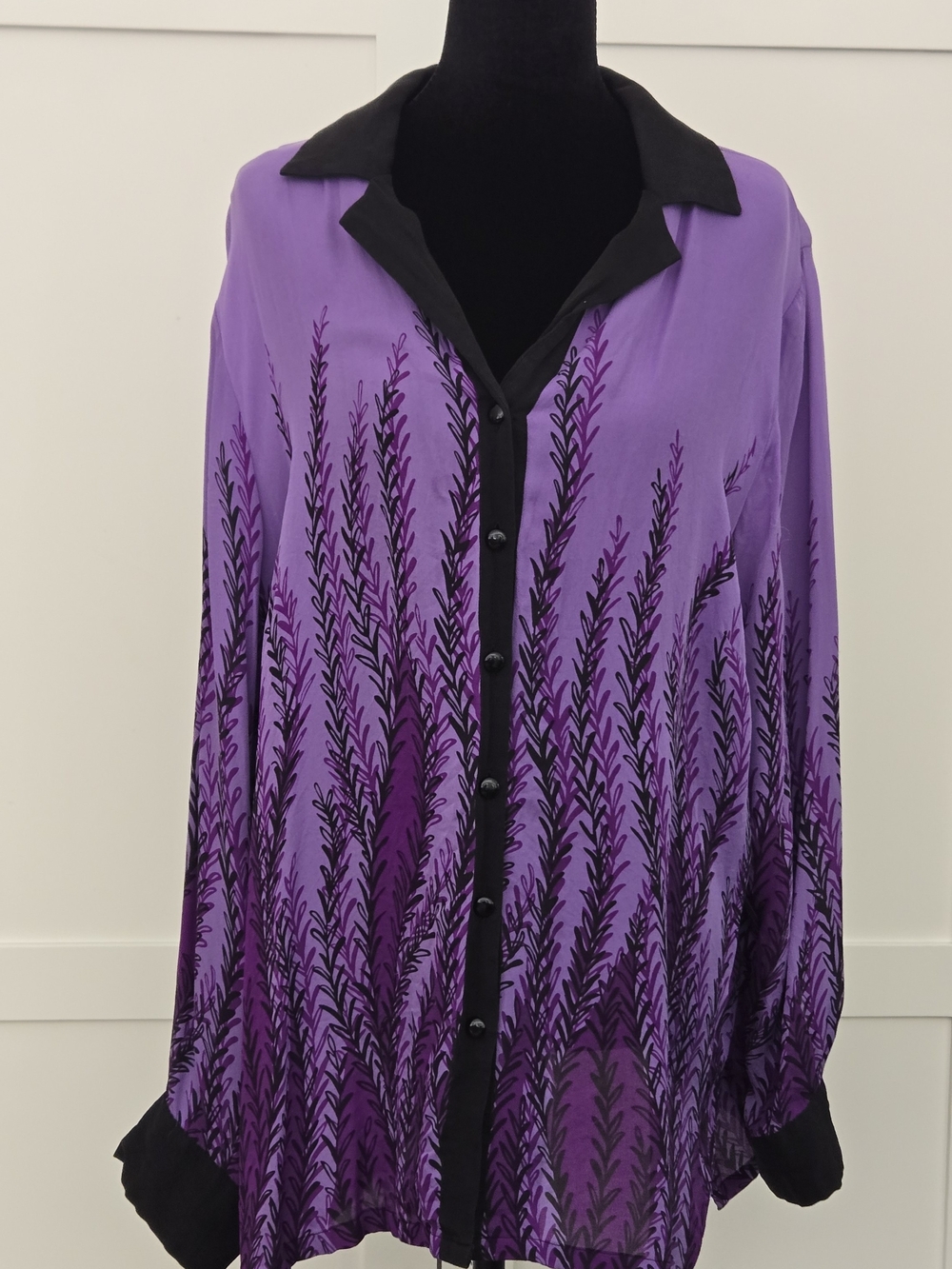 Vintage Bob Mackie Silk Purple and Black Printed Button-Up Blouse Size 1X